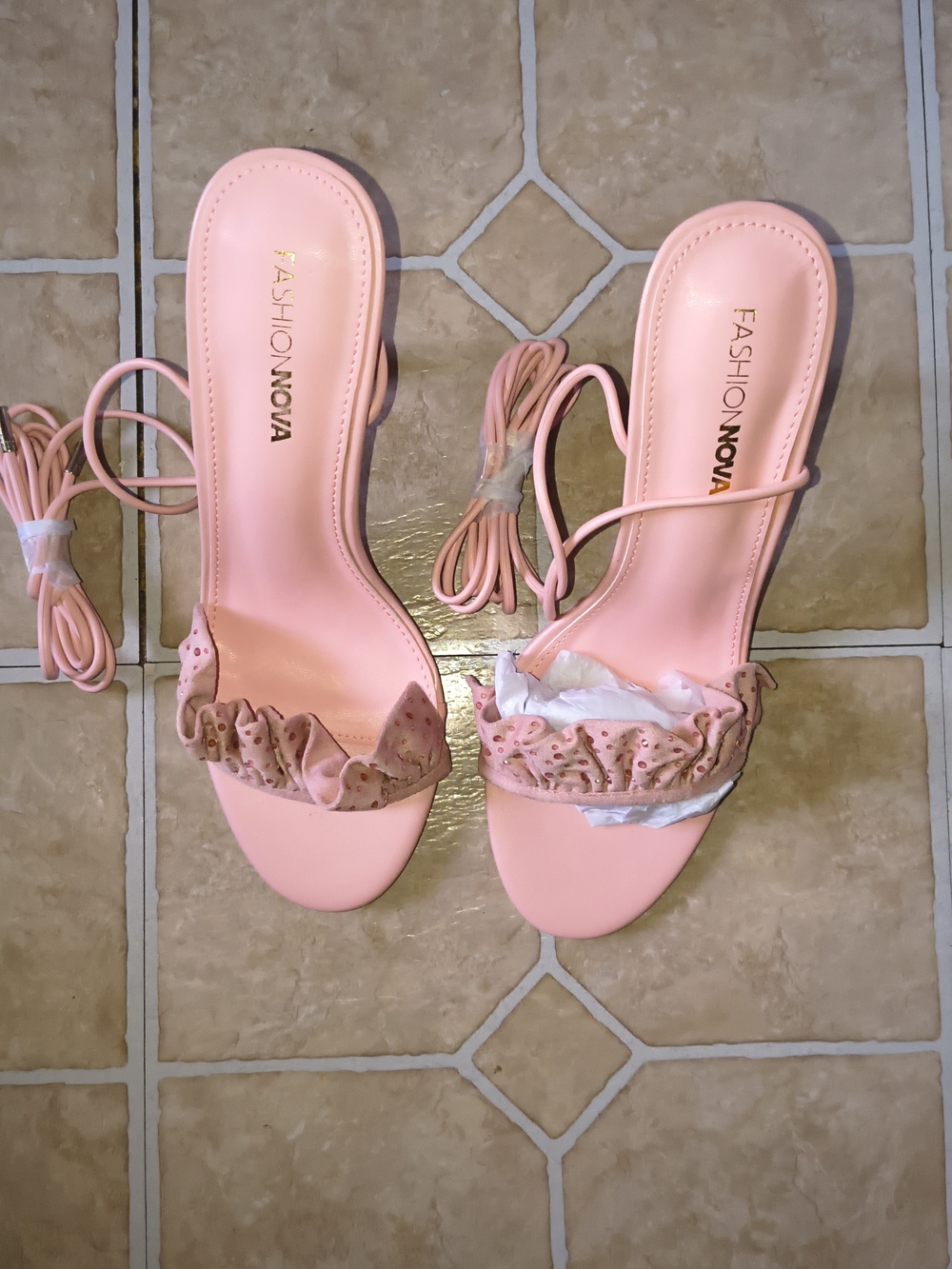 Fashion Nova Pink Ruffle Lace-Up Heeled Sandals